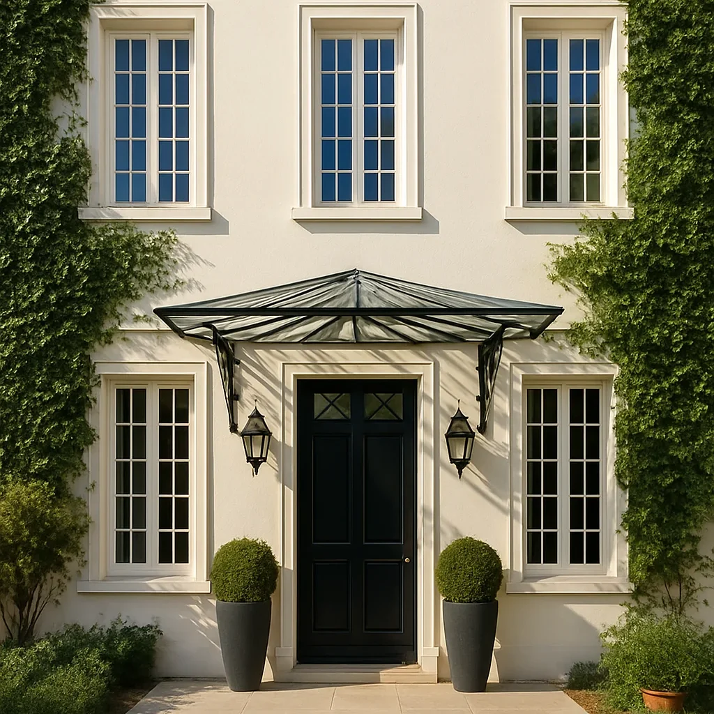 Façade beige d'une maison avec porte d'entrée noire, marquise en métal et plantes en pot