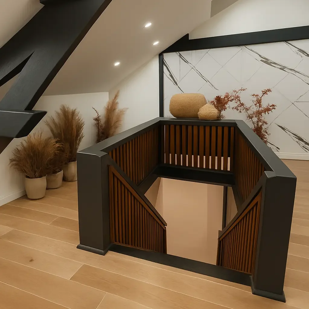 Garde corps d'escalier noire et bois de noyer avec décorations sèches et sol en parquet.